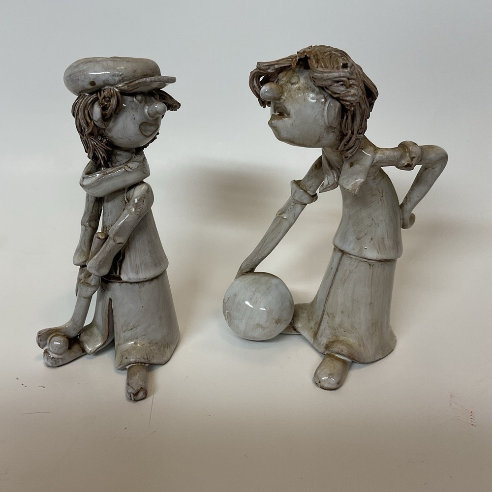 Dino BENCINI Pottery Sculpture Figurine BOWLER Spaghetti Hair Italy Lot Of 2